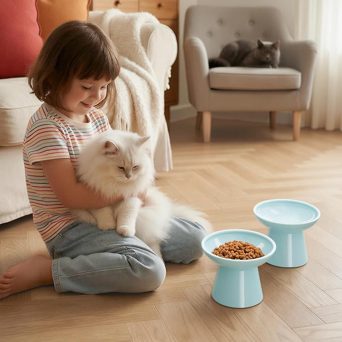 LoeJan Ceramic Cat Bowls, Elevated Cat Food and Water Bowls Set, Extra Wide and Raised Ceramic Bowls, Anti-Vomit Whisker-Free Pressure Cat Feeder for Kittens to Adult Cats - Image 7