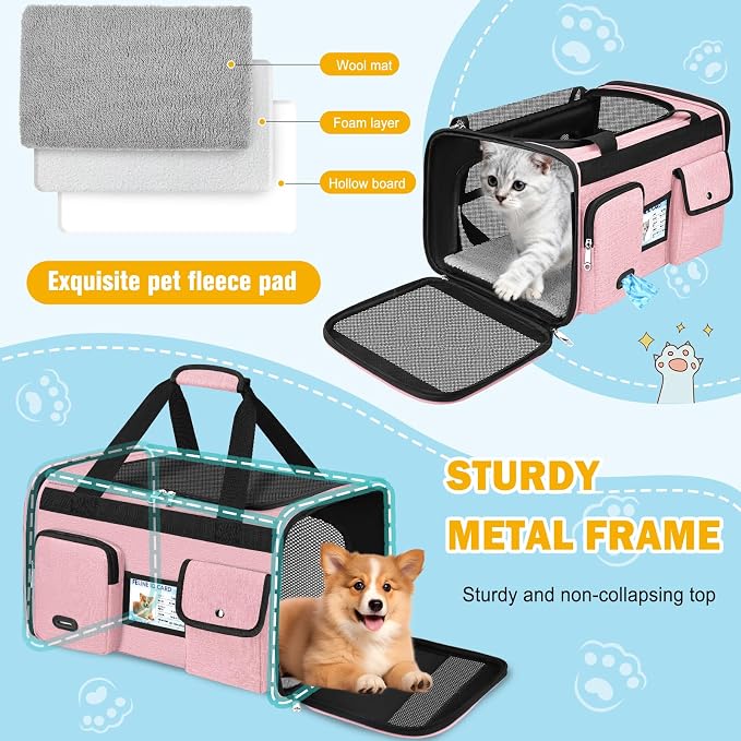 HUANLANG Large Cat Carrier Soft Sided Travel Pet Carrier Airline Approved | Dog Carriers for Small Dogs Medium Cats,Collapsible,3 Storage,zipper lock,Reflective strips,Luggage Strap, Up to 15 L,Pinkbs - Image 8