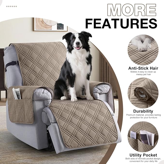 TAOCOCO Waterproof Recliner Chair Cover, Non Slip Oversized Recliner Covers for Recliner Chair with Pocket, Reclining Chair Cover Furniture Protector for Kids, Dogs(28'', Gray Taupe) - Image 5