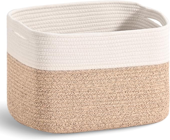 ICERZCZ Woven Cotton Rope Storage Basket for Organizing, Cute Decorative Baskets for Gifts Empty, Organizer Bins for Dog Toy, Baby Laundry, 15“×11”×9.5“, Off White & Brown by ICERZCZ