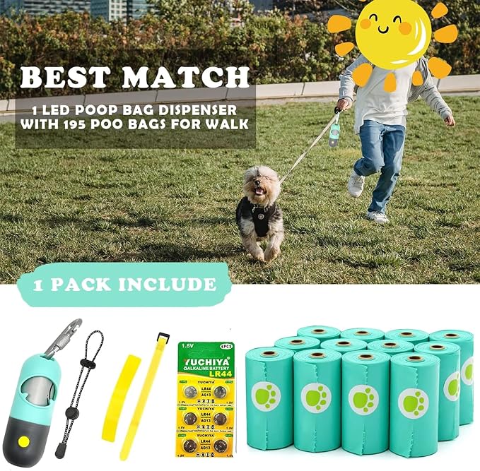 Dog Poop Bags Holder with LED Flashlight|Pet Waste Bags Dispenser for Leash|Doggie Potty Bags Container with Leak-proof Pet Trash Bags and Accessories (1 Holder 195 Bags, Mint Green) - Image 4