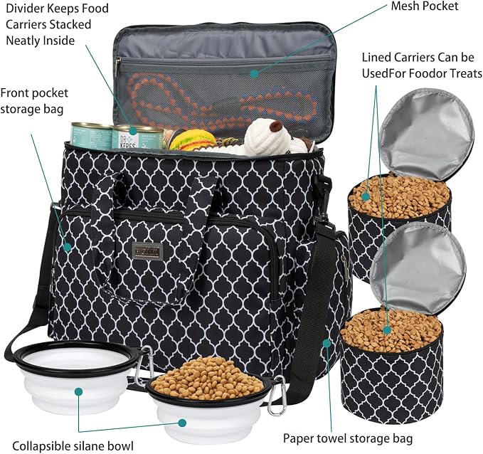 BAGLHER Dog Travel Bag, Pet Travel Bag (ALL Pet Travel Supplies), With 2 Pet Food Containers and 2 Collapsible Silicone Bowls; Essential Kits for Pet Travel DLblack - Image 5