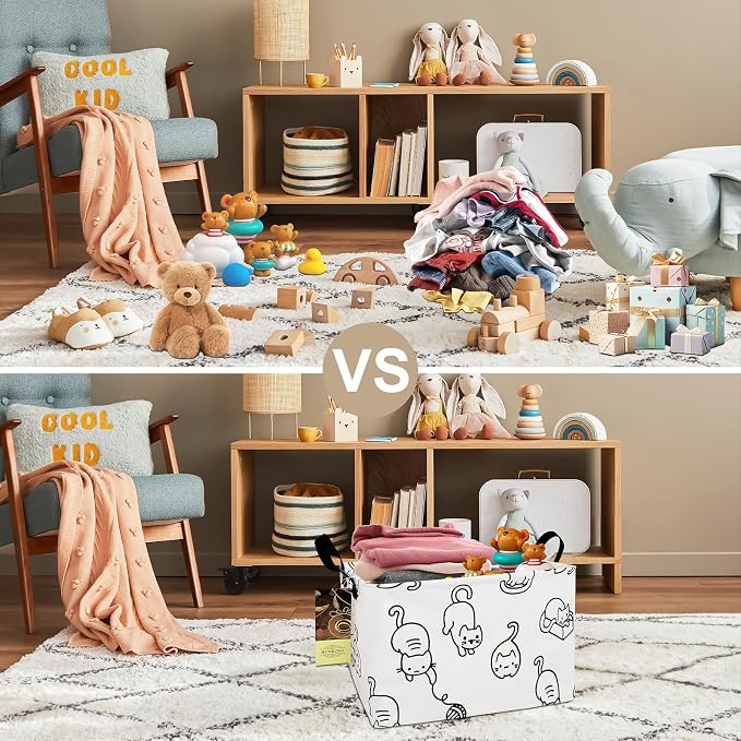 Rectangle Foldable Storage Basket Handles For Home, Black cat | Waterproof reinforced handles, perfect for shelf use, organizes clothes, daily items and pet supplies - Image 3