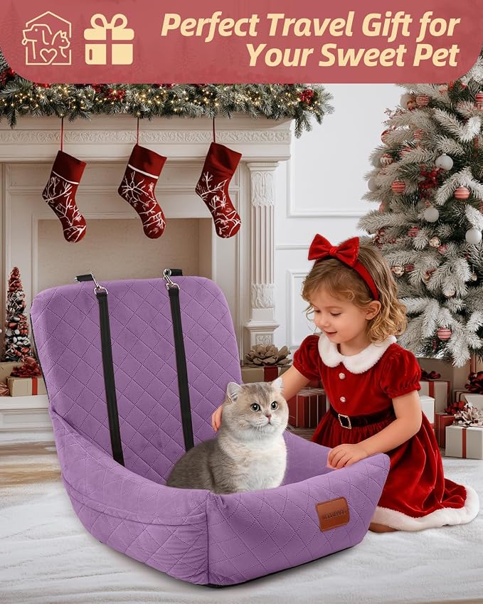 WOOAIDAGG Dog Car Seat for Small Dogs Up to 25lbs,Soft Washable Fabric Fill in Memory Foam,Easy to Assemble with 2 Clip-On Safety Leashes and Storage Pockets,Front or Back Seat are Both OK(Purple) - Image 7