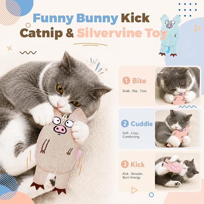 Cat Toys for Indoor Cats, 2 PCS 8000mg A+Natural Catnip Silvervine Crinkle | Interactive Cat Toys Pig with Bell Elastic Tail, Baby-Grade Plush Chew Toy Teeth Cleaning, Catnip Cat Kicker Toy for Kitten - Image 5