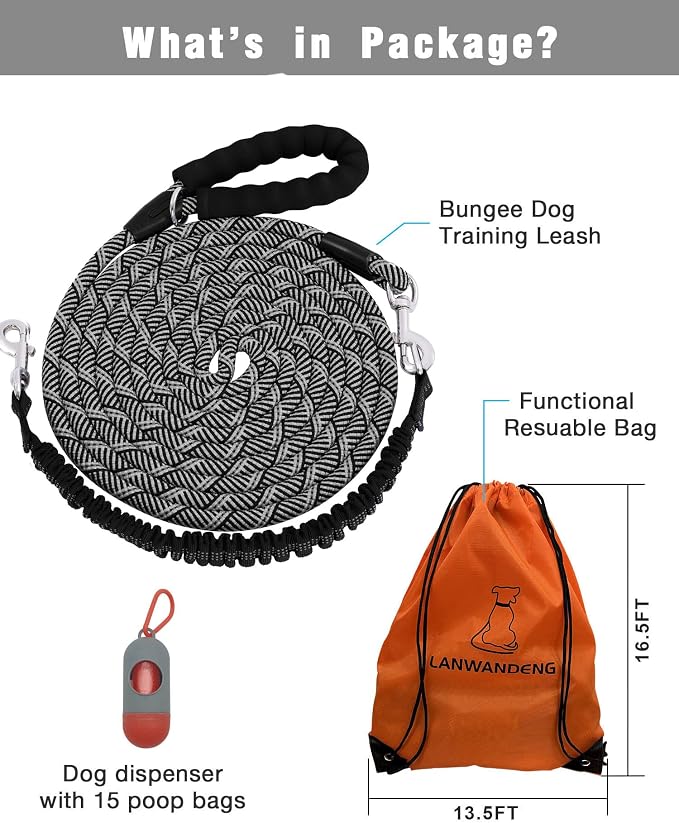 Long Dog Leash with Reflective Threads 15FT 20FT 30FT 50FT,Heavy Duty Bungee Dog Leashes for Small Medium Large Breed Dogs,Shock Absorbing Training Leash for Walking,Hunting,Camping&Yard - Image 2
