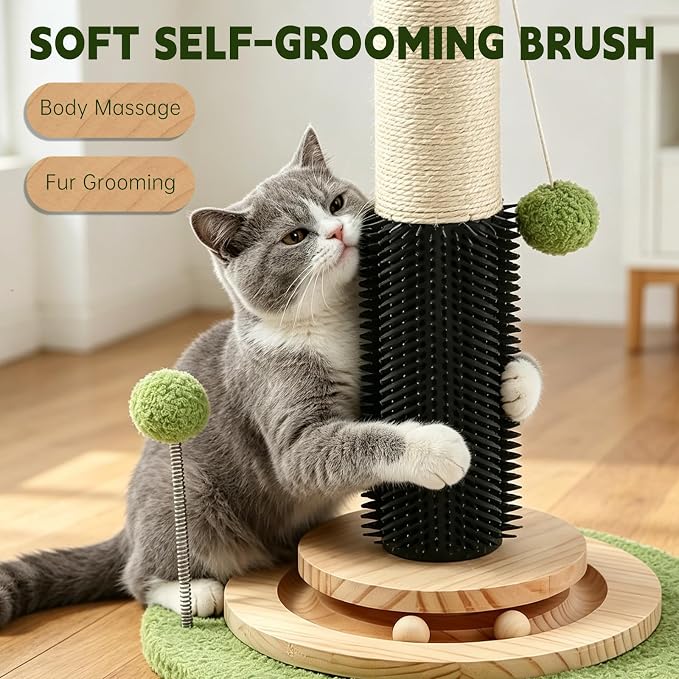 39.4'' Tall Cat Scratching Post,3.5 Inch Wide Sisal Cat Scratcher Tree with Leaves,Interactive Cat Toys for Indoor | Solid Wood Base Stable Scratch Tower Interactive Toy Self Groomer Climbing Pole Full Body Stretching Artificial Plant - Image 7