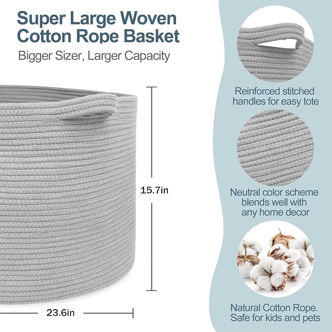 MEGASKET 115L Super Large Gray Blanket Basket, 23.6"x15.7" Woven Cotton Rope Storage Basket for Laundry, Towel, Pillow, Oversized Kids Dog Toy Storage Bin, Grey XXXL Blanket Holder for Living Room - Image 2