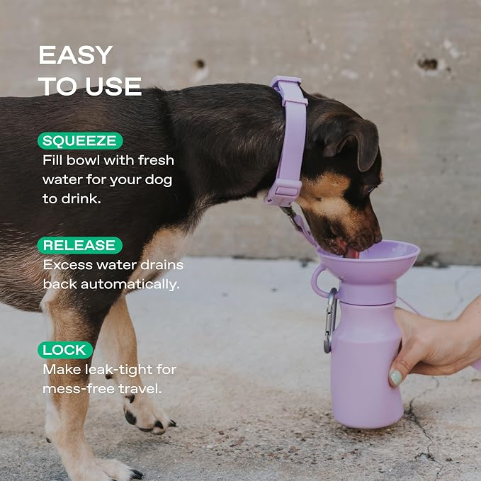 Springland 15oz Classic Portable Dog Water Bottle with Built-in Bowl, Lilac | Leak-proof, BPA-free, one-hand squeeze, for travel & hiking, fits car cup holders, great dog gift, as seen on Shark Tank - Image 4