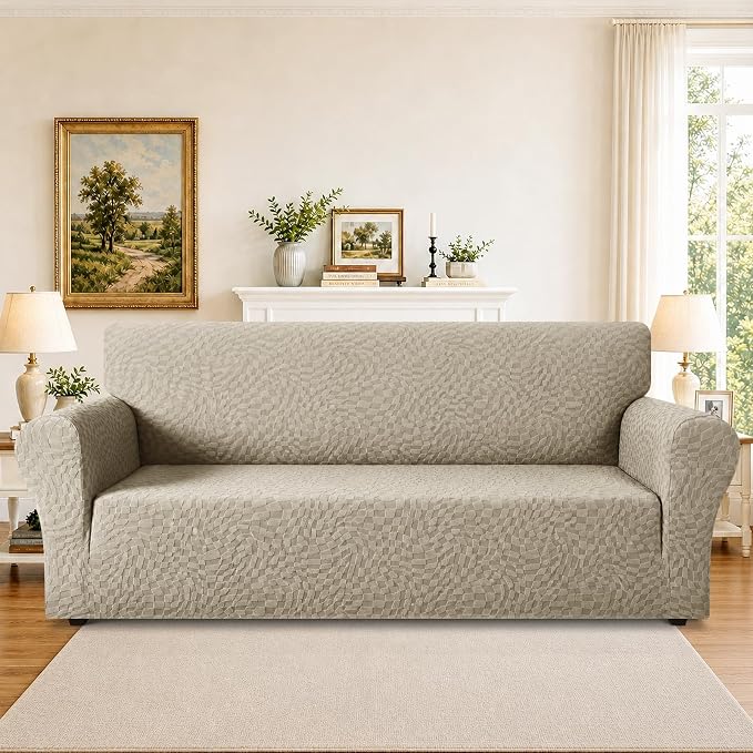 ZNSAYOTX 1 Piece Stretch Sofa Covers for 3 Cushion Couch (72"-90"), New Plaid Couch Cover with Non-Slip Buckle for Dog Pets, Ultimate Soft Cozy Washable Sofa Slipcover Form Fit Protector, Khaki - Image 2