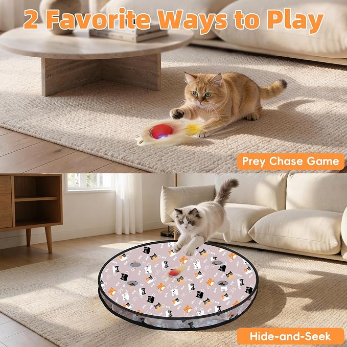 Interactive Cat Toy for Indoor Cats-Hide and Seek Cat Toy with 5-Holes Mat,Automatic Cat Toy Ball with Mouse Squeak in Pouch,Rechargeable Kitten Toy,Motion Activated Ball - Image 2
