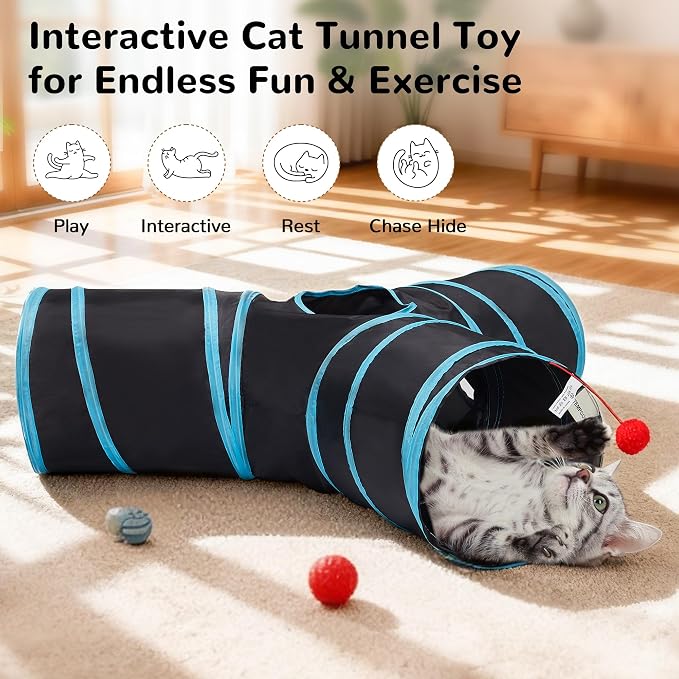 Tempcore Cat Tunnel for Indoor Cats, 3 Way Collapsible Pet Play Tunnel with Teaser Wand, Peek Holes & Hanging Ball, Interactive Tube for Kittens & Rabbits, Black & Blue Medium - Image 3