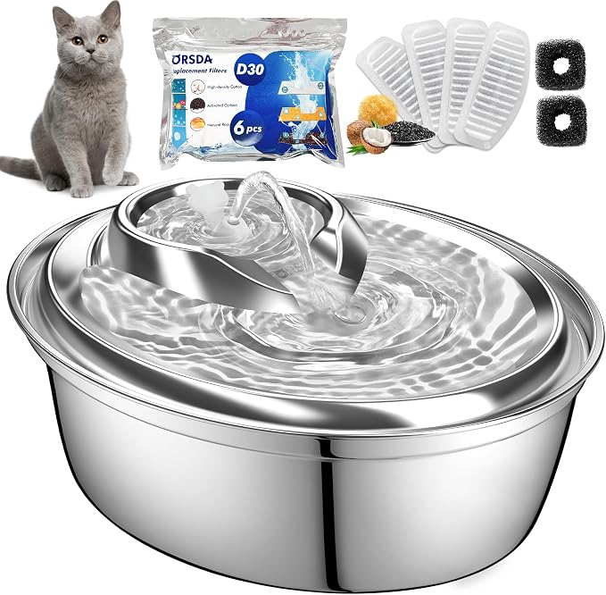 ORSDA Cat Water Fountain Stainless Steel, 2L Pet Fountain for Cats Inside, Dog Water Dispenser, Automatic Cat Drinking Fountains with 6 Replacement Filters for Cats, Small Dogs by ORSDA