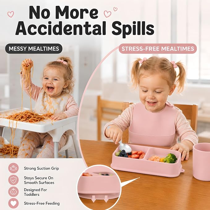 Travel Silicone Baby Feeding Set with 316 Stainless Steel Spoon & Fork ,Silicone Suction Plates, Foldable Bib, Storage Bag - Portable Infant Toddler Utensils, 6-Piece BPA-Free Dishware Kit（pink） - Image 3