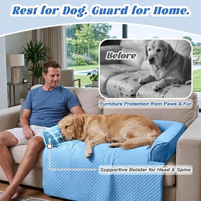 GGIB Cooling Dog Bed Mat with Bolster Pillow Washable Dog Couch Cover Breathable Summer Pet Couch Bed Protector Indoor(Medium, Cooling Blue) - Image 4