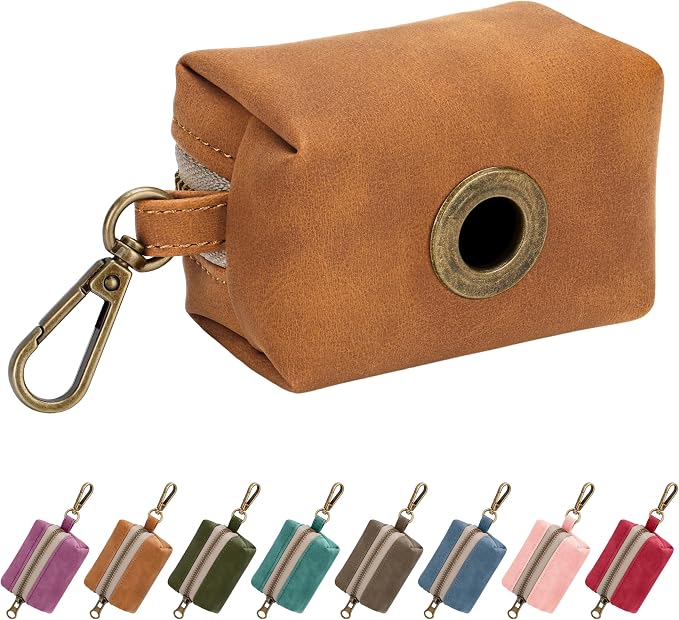 Didog Dog Poop Bag Holder for Leash, Stylish PU Leather, Light Brown | Easy Clean for Daily Walking, Quick to Install on Leash & Harness, Easy-Pull with Metal Clip, Includes 1 Roll Pet Waste Bag by Didog