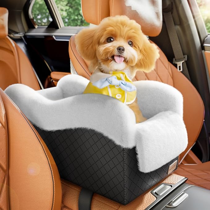 Center Console Dog Car Seat for Small Dogs Under 11lbs, White | Anti-Collapse, Safety Tether, Faux Rabbit Fur-Lined & PU Leather Cover, Washable Puppy Seat for SUV/Truck, Ideal for Travel by Unknown