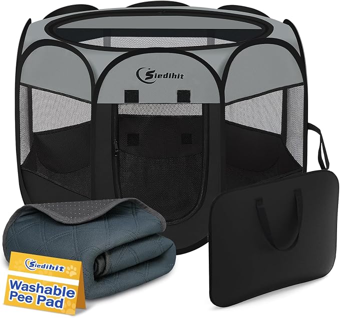 Siedihit Playpen for Middle Dog Cat, Dogs Tent Crate Cage Indoor | Outdoor, Portable Pop Up Dog Kennel with Carrying Bag for Rabbits (Dark Grey with Pad, Medium) by Siedihit