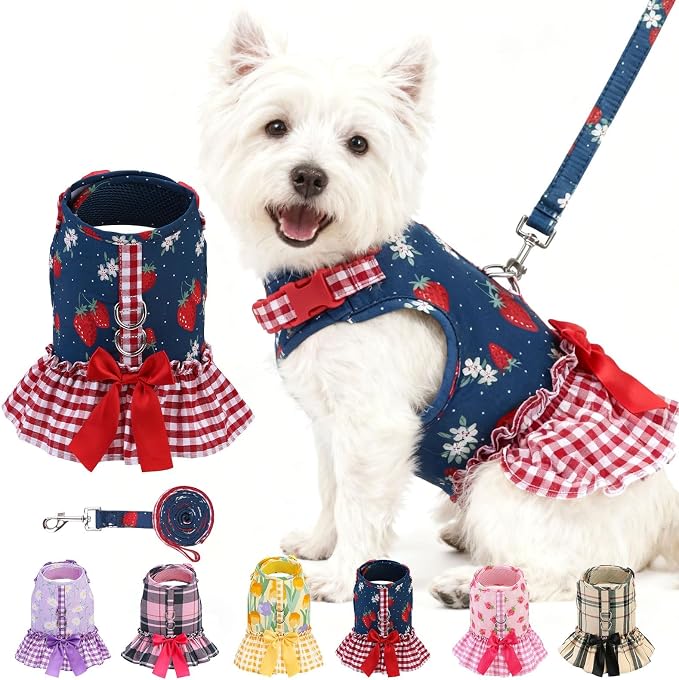 EXPAWLORER Dog Harness Small Medium Sized Dogs, No Choke No Pull Mesh Vest | Strawberry Dog Dress Bowknot Harness & Leash Set Soft Cute Princess Puppy Outfits Clothes Costume for Girls Party Cats Navy S by EXPAWLORER
