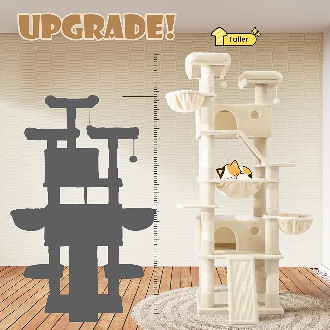SHA CERLIN 81in Multi-Level Tall Cat Tree Tower for Indoor Kitties/Larger Cat Condo Furniture with Hammock/Cozy Pussycat Perches/Sisal Scratching Posts/Pet House/Wide Base/Beige - Image 4