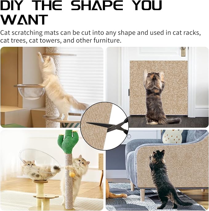 2 Pcs Total 78.8"x15.8" Cat Scratch Mat, Cat Scratch Couch Furniture Protector, Trimmable Self-Adhesive Cats Scratch Pads, DIY Cat Scratcher for Wall Protector and Covering Cat Tower (Khaki) - Image 6