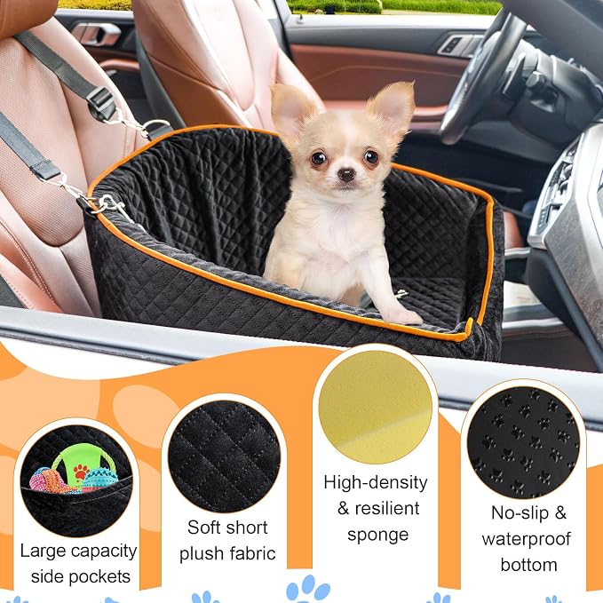 XIEEAOZEE Dog Car Seat for Small Dogs, Memory Foam Booster Dog Seat for Dogs up to 35 lbs, Elevated Pet Car Seat with Washable Removable Cover, Storage Pockets (Black) - Image 6