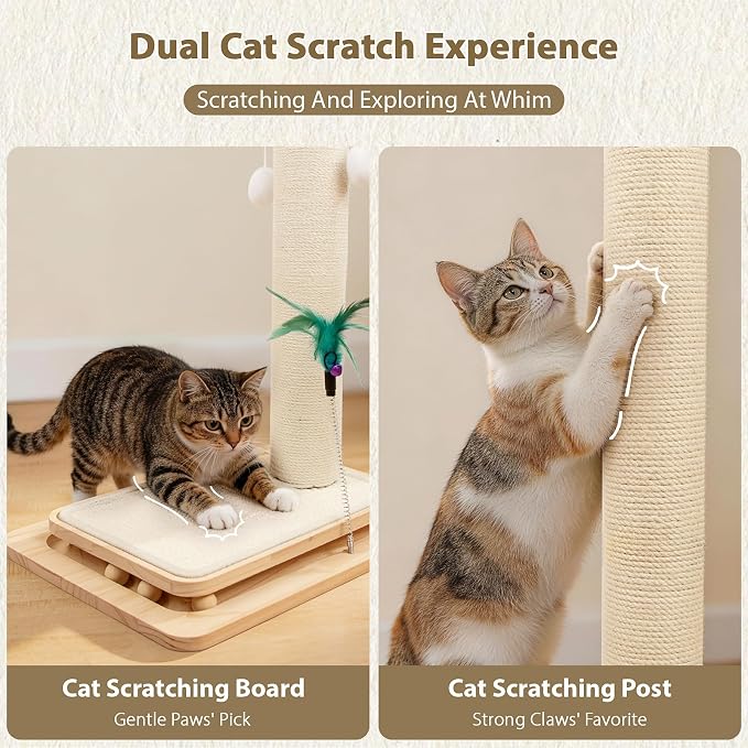 Cat Scratching Post with Sisal Mat and Wooden Base Indoor Scratcher | Stable cat scratch furniture with durable sisal post, scratch mat and hanging ball, protects furniture, easy assembly - Image 3