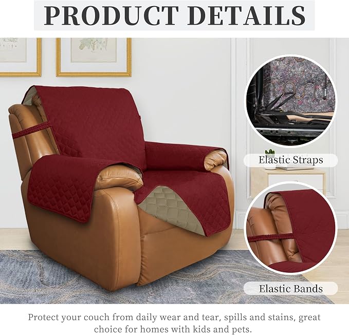 ISSUNTEX Double Protection 100% Waterproof Recliner Covers for Living Room, Reversible Furniture Protector Recliner Couch Sofa Slipcover for Dogs, Pets, Kids (Oversized Recliner, Christmas Red/Beige) - Image 5