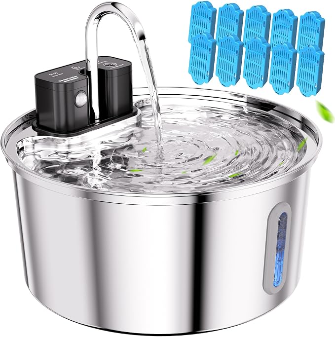 Tomxcute Wireless Cat Fountain 10 Filters -108oz Cordless Battery Operated | Quiet Pump Stainless Steel Pet Fountain with 3 Smart Water Supply Modes Rechargeable Water Dispenser for Cats, Dogs, Pets by TOMXCUTE