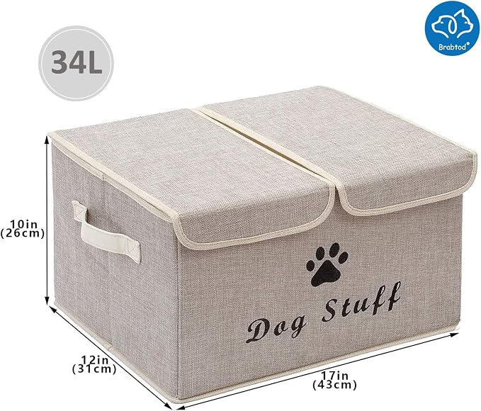 Large Dog Toys Storage Box Canvas Storage Basket Bin Organizer with Lid - Collapsible Linen Bin Ideal for Organizing Dog Cat Toys and pet Stuff-PP Boad-17" x 12" x 10" - Beige - Image 7