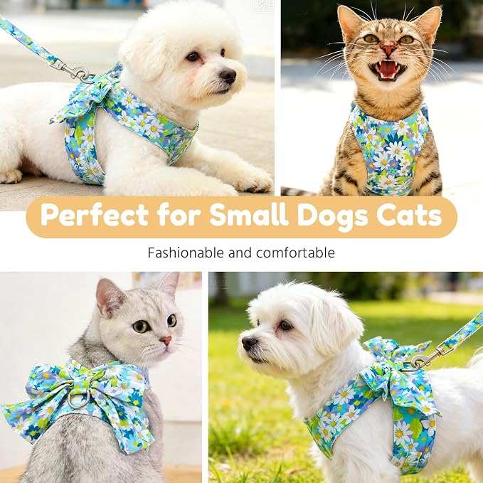 BAEJMJK Dog Harness and Leash Set with Bow Knot No Pull Pet Daisy Floral Harness with D-Ring Soft Mesh Dog Harness Vest Set Escape Proof Princess Puppy Harness for Small Girl Dogs Cats（Blue A S） - Image 8