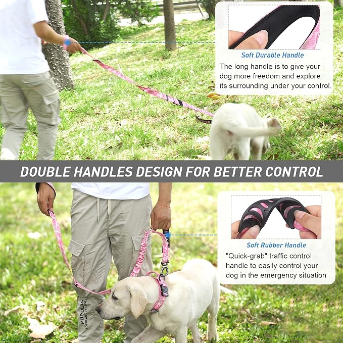Hotsky Tactical Bungee Shock Absorbing No Pull Dog Leash,Pink Camo,4-6FT | Heavy Duty for Medium Large Dogs That Pull up to 660 lb,with Padded Double Handle ＆ Car Seatbelt,360°Rotating Locking Clasp - Image 7