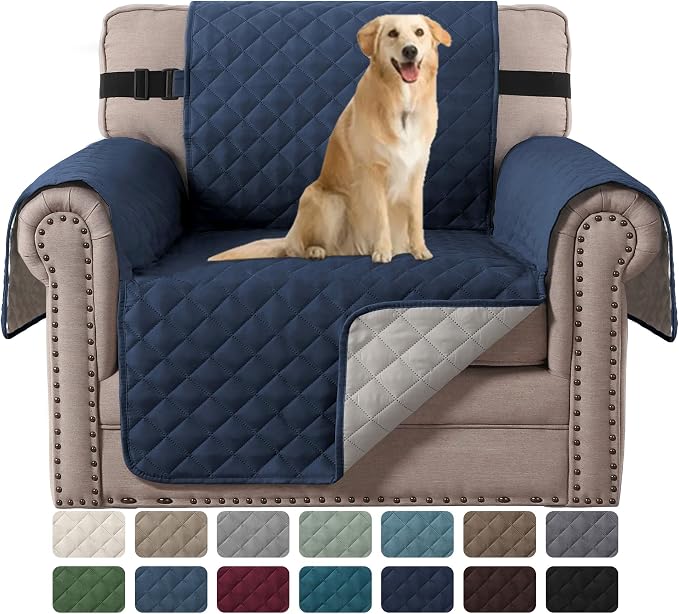 H.VERSAILTEX Reversible Chair Cover for Dogs Pet Water Repellent Sofa Cover Chair Slipcover 2" Thick Strap Slip-Resistant Chair Protector Soft Quilted Seat Width Up to 21"(Armchair, Navy/Beige) by HVERSAILTEX