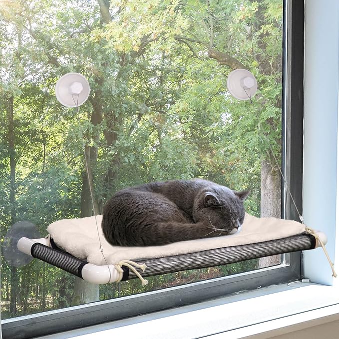Cat Window Perch, Cat Hammock w/Fleece Blanket, Screw Suction Cups, Brown | Window Bed Holds 2 Large Cats, Sturdy Resting Seat Indoor with One Extra Suction Cup - Image 3