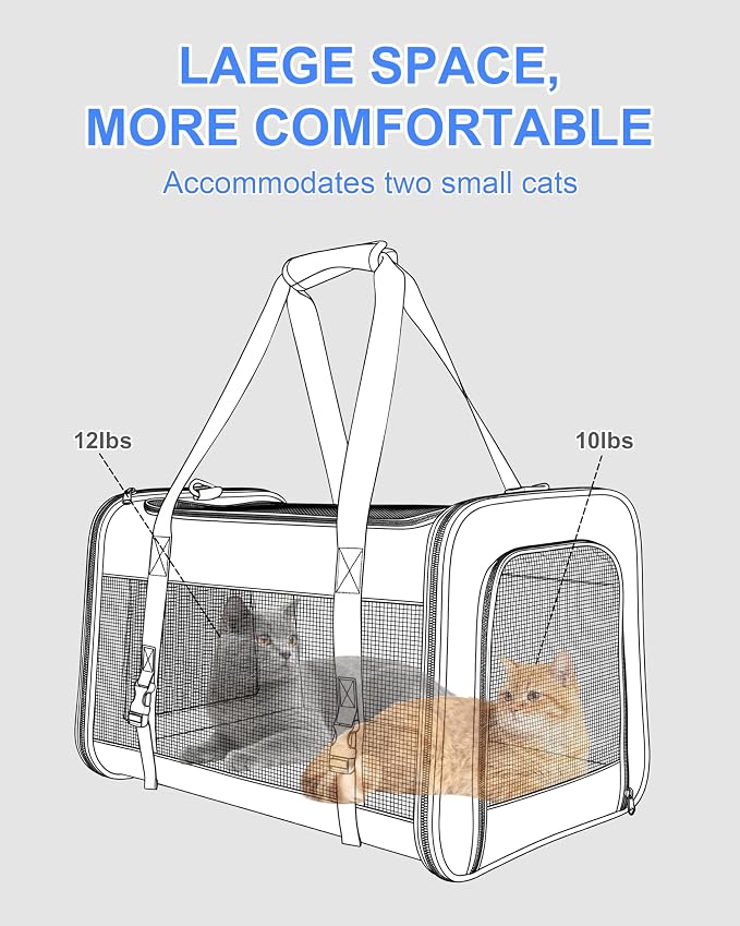 Soft-Sided Large Cat Carrier for 2 Cats, Spacious Foldable Pet Travel Carrier for Large Cats up to 25 Lbs, Double Cat Bag with Shoulder Strap, 20x13x13 Inch, Fits Maine Coon and Small Dogs, Blue | Spacious 20×13×13 in design with reinforced frame for o... - Image 4