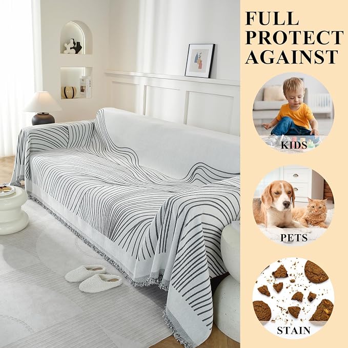 Couch Cover for Sofa, Boho Sofa Cover Washable Couch Cover for Dogs, Pet Sofa Cover for 1-Cushion Couches with Tassel Furniture Protector Cover,71" x 91",Dark Gray-Wave - Image 4
