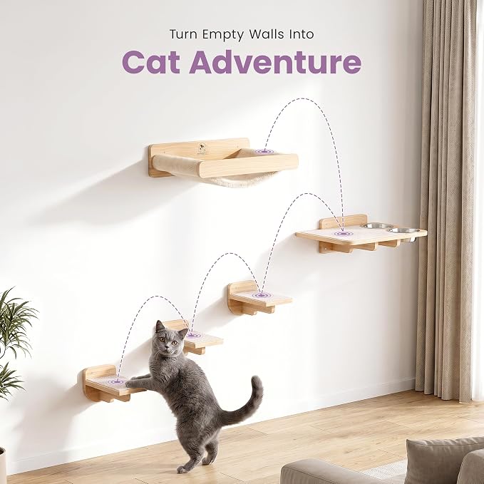 Cat Wall Shelves - Wall Mounted Cat Shelves with Feeding Station | Solid Pinewood, Beige Carpet, Supports Up to 33 lbs, Stainless Bowls, Dog-proof, Lounging, Climbing - Image 6