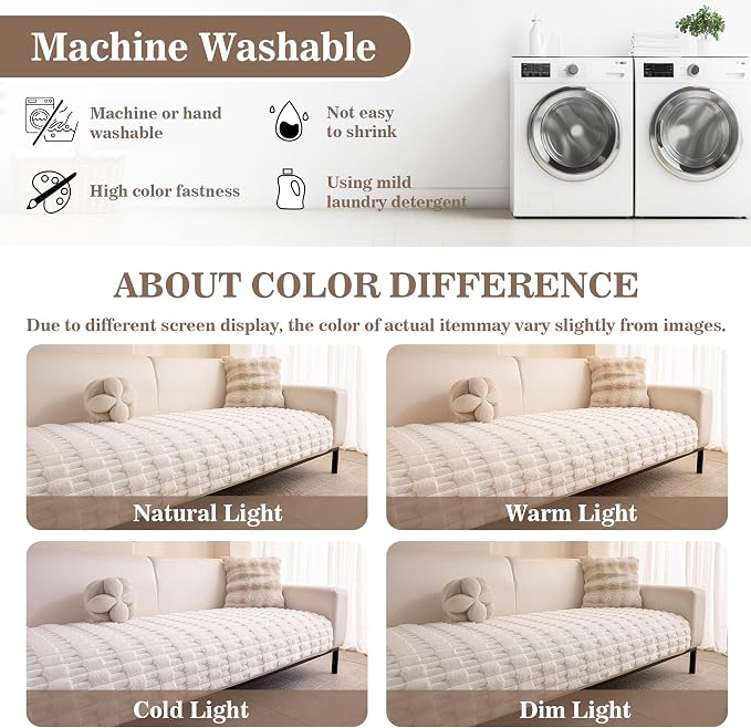 MYSKY HOME 100% Waterproof Couch Cover for Dogs, Plush Pet Couch Covers for Sofa Washable, Couch Covers for 2 Cushion Sofa Pet Friendly, Non-Slip Durable Sofa Cover Slipcover Protector, Cream, 35"x63" - Image 9