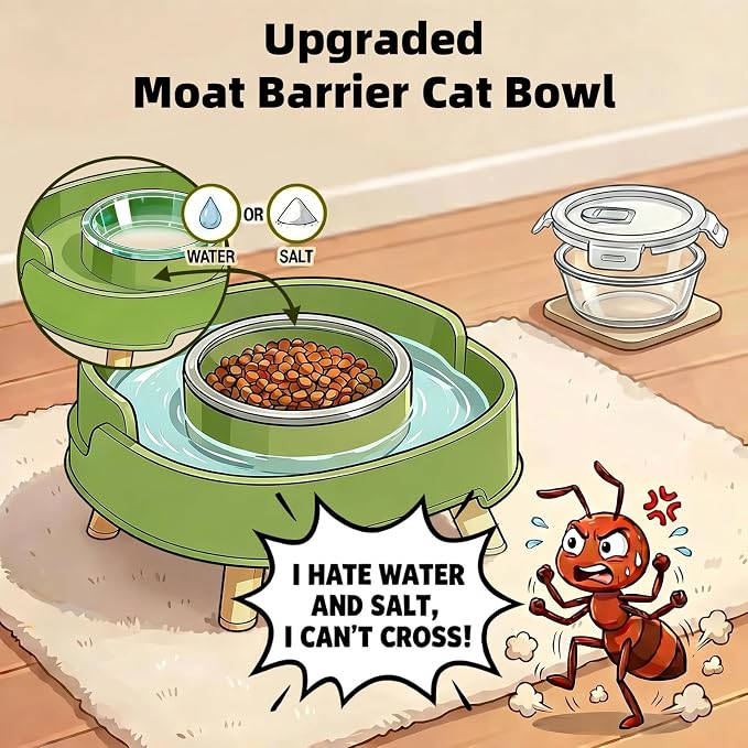 Ant Not Cross Elevated Cat Bowls Mess Proof-2 Food Grade Glass Bowls & 1 Lids- No Spill Cat Food and Water Feeding Station for Cats&Puppy Indoor & Outdoor,No Whisker Fatigue Dish,Beige - Image 2