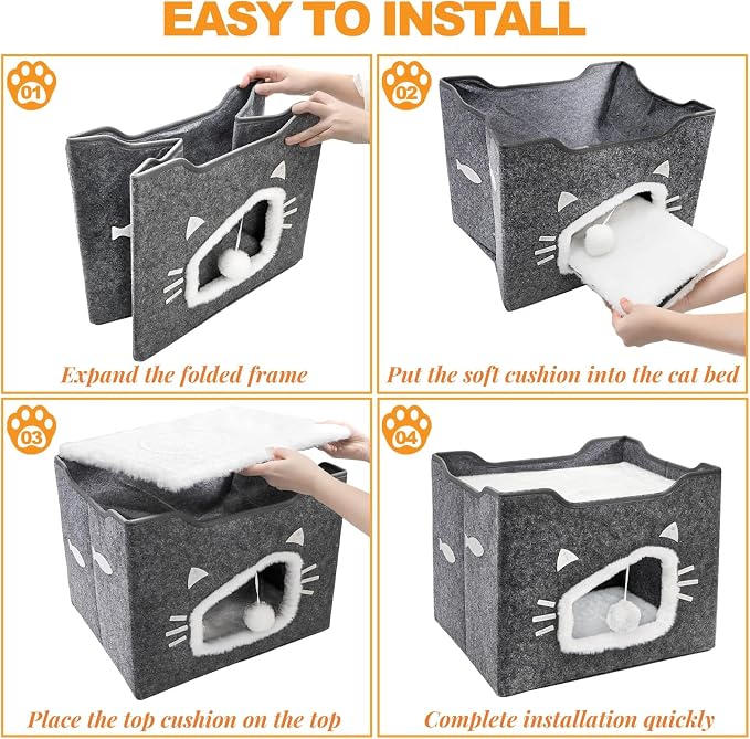 Cat House for Indoor Cats with Cushion Pad and Fluffy Ball | Large Foldable Covered Cat Bed, Cute Cat Cave Cat Condo Hideaway for Pet Cats, Multi Small Pet, Grey - Image 3