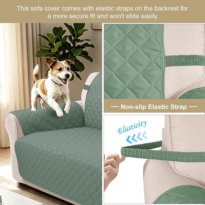 Reversible Loveseat Couch Sofa Covers, 2-Seater,Greyish Green | Loveseat Covers for Dogs Water Repellent, Friendly Furniture Protector with Elastic Straps for Living Room - Image 2