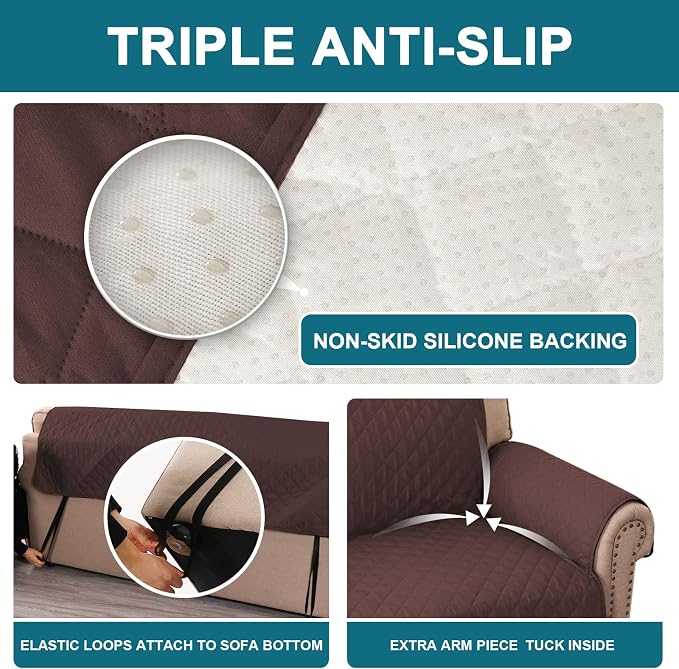 Turquoize 100% Waterproof Sofa Covers Couch Cover Sofa Cover for Dogs Couch Protector Triple Non-Slip Sofa Slipcover for 3 Cushion Couch Furniture Protector for Pets, Kids,Dog (XL Sofa 78", Brown) - Image 4