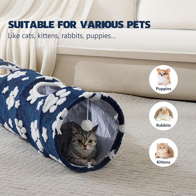 Straight Cat Tunnel for Indoor Cats 47"x12", Blue Paw | Cute Cat Toys, Collapsible Tunnel Tube with Hanging Balls for Puppy Kitten Rabbit - Image 3