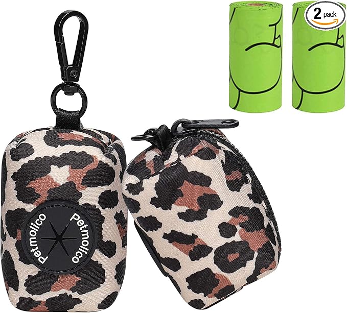 Petmolico Dog Poop Bag Holder Dispenser 2 Pack, Leopard | Zippered pouch fits any leash, includes free roll of bags, lightweight & portable for daily walks, travel & outdoor use by Petmolico