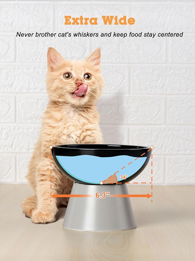 LoeJan Elevated Cat Food and Water Bowls Set, Extra Wide and Raised Ceramic Feeder, Anti-Vomit Whisker-Free Pressure Feeding Bowl for Kittens Adult Small Dogs (Black) - Image 4