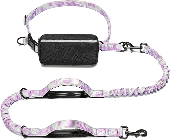 Hands Free Dog Leash with Zipper Pouch, White-Purple Mix, Large | Waist Leash, Dual Padded Handles, Shock-Absorbing Bungee, Adjustable Waist Belt, Walking and Running by iYoShop