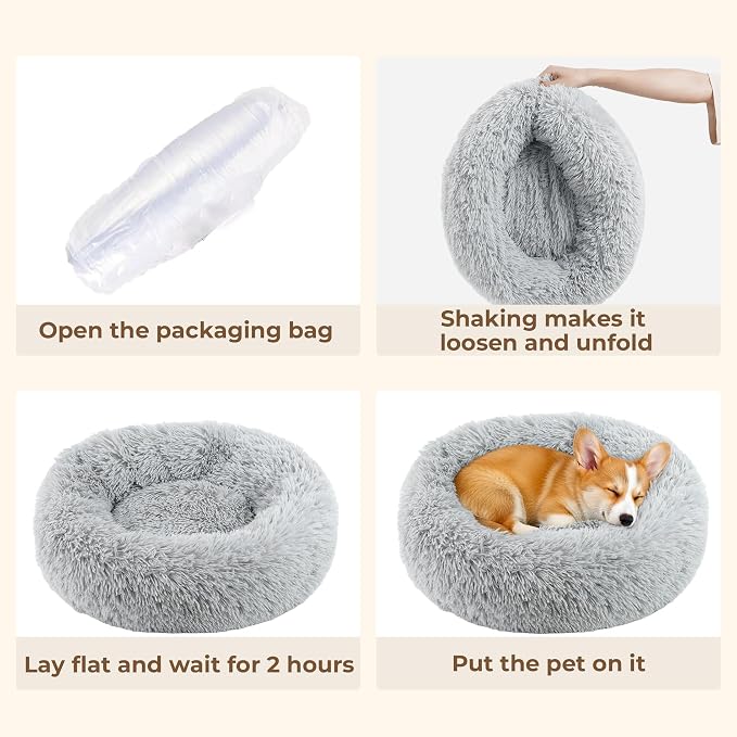 Calming Donut Dog and Cat Bed for Indoor Cats, Anti-Anxiety Round Fluffy Soft Washable Small Pet Bed for Puppy and Kitten, Warming Comfortable Luxury Anti-Slip Waterproof Mute Base 20in Gray - Image 7