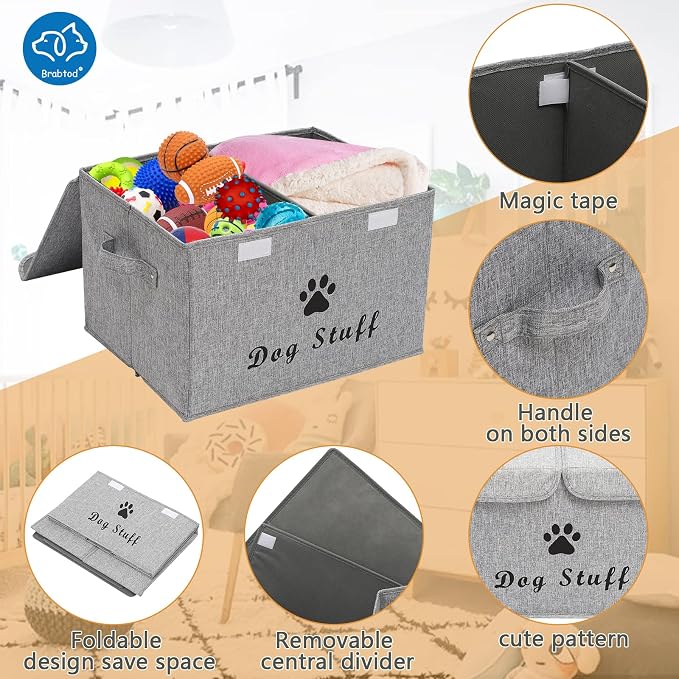 Large Dog Toys Storage Box Canvas Storage Basket Bin Organizer with Lid - Collapsible Linen Bin Ideal for Organizing Dog Cat Toys and pet stuff-PP Boad-17" x 12" x 10" - Snow Gray - Image 2