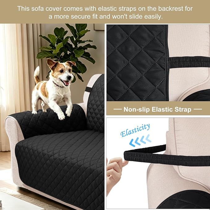 Reversible 4 Seater Sofa Cover 91" Large, Sofa, Black/Grey | Couch Cover Furniture Protector with Foam Sticks Elastic Straps Furniture Protector for Pets Children Dog Cat - Image 2