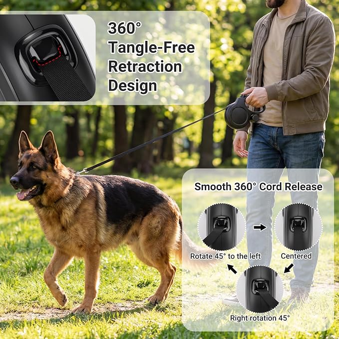 Segarty 26 Ft Walking Lead with Poop Bag Holder for Dogs 66 lbs - 110 lbs, 360°Tangle-Free Leash with Anti-Slip Handle & One-Handed Brake Pause Lock, 8m Retractable Leash for Dog Pets Outside Activity - Image 5